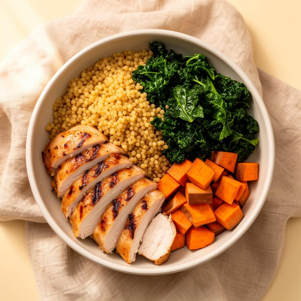 Bowl of grilled chicken, couscous, kale, and sweet potato
